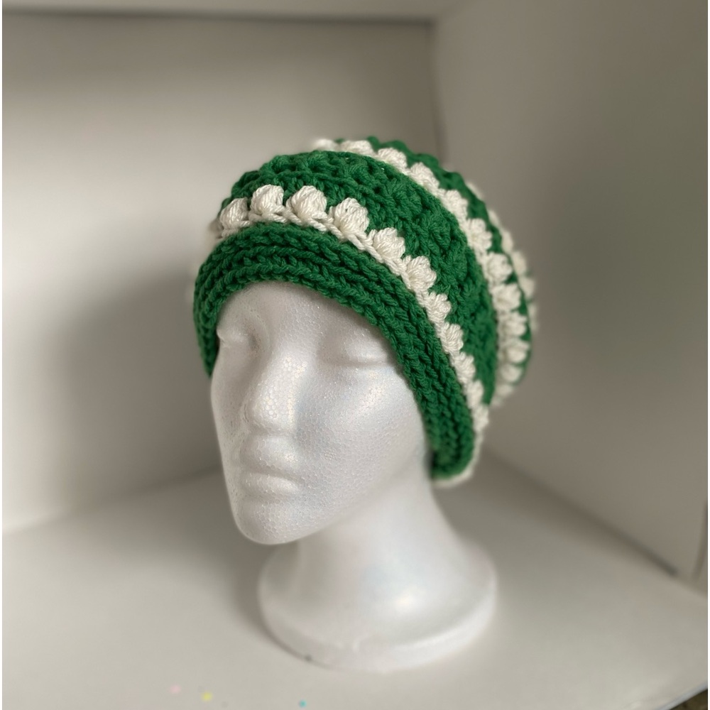 Hand made, crocheted green and white beanie, slouchy hat - Picture 6 of 7